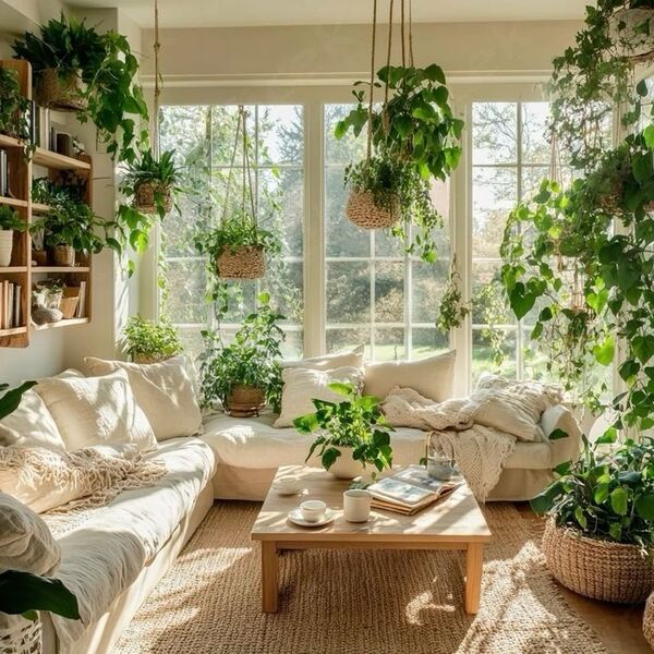 Sunlit room filled with green houseplants near a large window